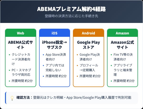 ABEMAプレミアム解約の4経路比較