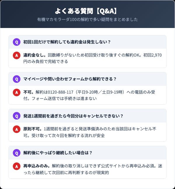 有機マカモラーダ100の解約に関するよくある質問