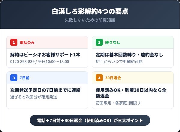 白漢しろ彩解約4つの要点インフォグラフィック