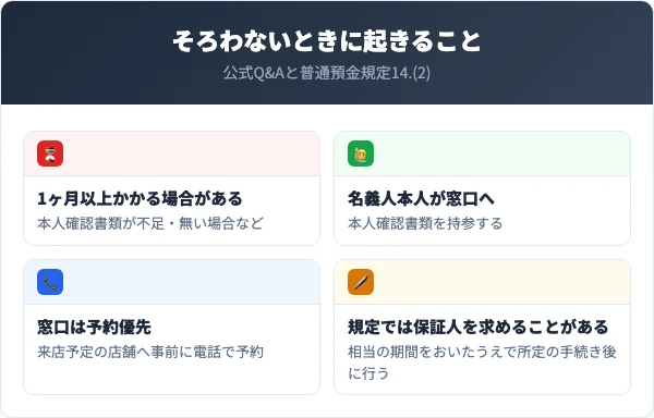 1ヶ月以上かかる場合がある・名義人本人が窓口へ・窓口は予約優先・規定では保証人を求めることがあるという4点を並べた要点パネル