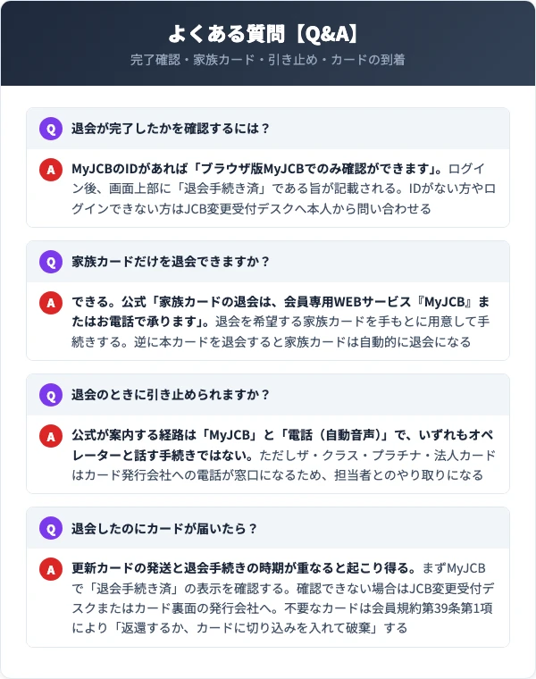 JCB退会のQ&A。完了確認の方法、家族カードだけの退会、引き止めの有無、退会後のカードの扱い
