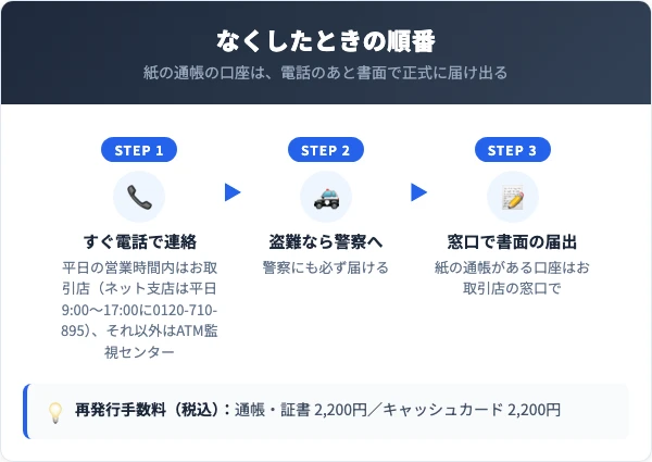 通帳・印鑑・キャッシュカードをなくしたときの北日本銀行の手順。まず電話で連絡し、紙の通帳がある口座はそのあとお取引店の窓口で書面の届出。盗難なら警察にも届ける