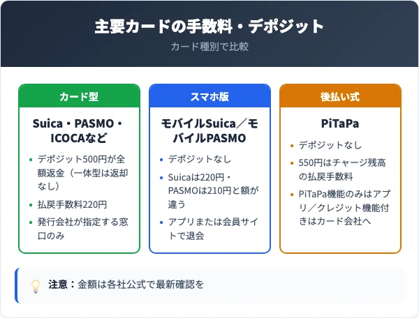 主要交通系ICカードの手数料・デポジット比較