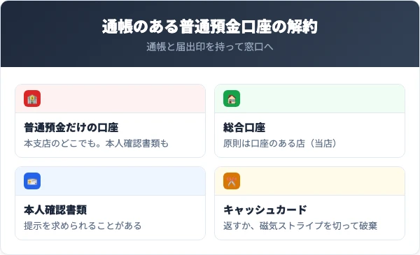 通帳のある南都銀行の普通預金口座は、通帳と届出印を持って本支店の窓口へ。総合口座は原則として口座のある店。キャッシュカードは返却するか磁気ストライプを切って破棄