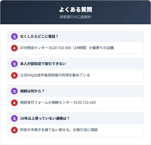 ATM照会センター0120-710-005は24時間受付、相続センターは0120-710-243、本人が認知症で取引できないときは成年後見制度。南都銀行で窓口に行く前に確かめたいこと