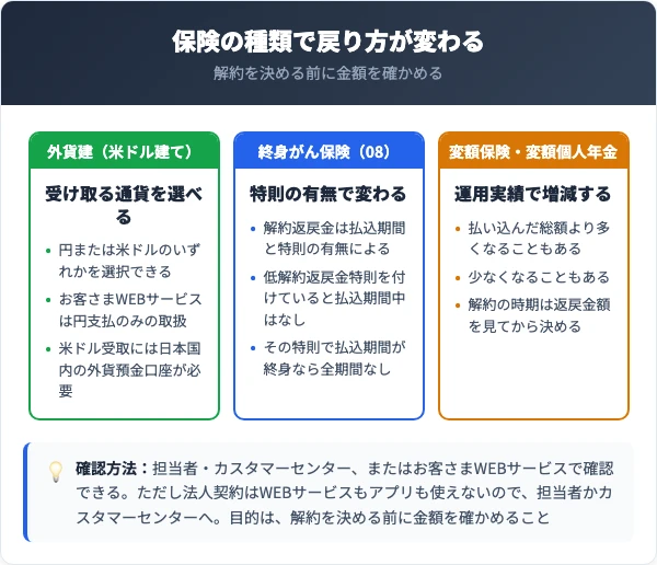 保険の種類ごとに返戻金の有無と増減がどう分かれるか
