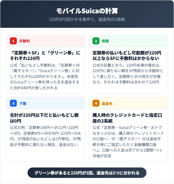 モバイルSuicaの払いもどし計算。定期券とSFは合算して220円、Suicaグリーン券は別に220円、合計220円以下は0円