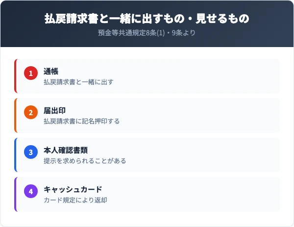 払戻請求書に届出印で記名押印し、通帳とともに当店へ提出。但馬銀行が認めればほかの本支店でも解約できる。本人確認書類とキャッシュカードも持って行き、カードは返却
