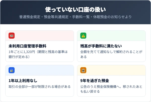 但馬銀行の未利用口座管理手数料は1年ごとに1,320円。残高が手数料に満たないと全額を充てて通知なしで解約されることがある。1年以上利用のない口座は取引の全部または一部が制限される場合がある