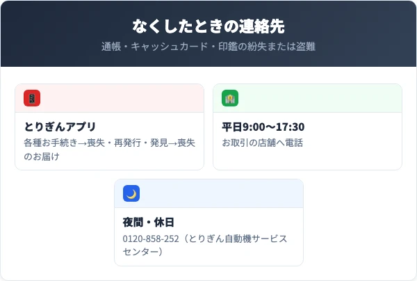 鳥取銀行で通帳やカードや印鑑を失くしたときの連絡方法として、とりぎんアプリの喪失のお届け・平日9時から17時30分は取引店・夜間休日は自動機サービスセンターの3つを示したパネル