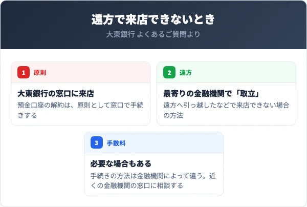遠方へ引っ越したなどの理由で大東銀行の窓口に来店できない場合は、最寄りの金融機関で「取立」という方法で解約の手続きをすることもできる。手数料が必要な場合もある