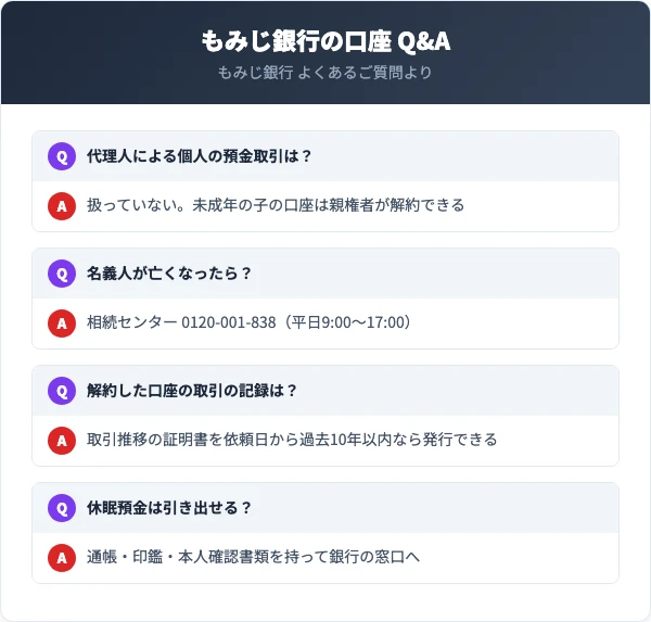 もみじ銀行は代理人による個人の預金取引を扱っていない。未成年の子の口座は親権者が解約できる。相続は相続センター0120-001-838へ。解約した口座の取引推移の証明書は依頼日から過去10年以内なら発行できる