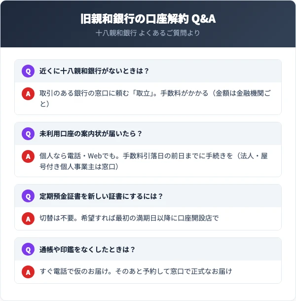 近くに十八親和銀行がないときの取立、未利用口座の案内状が届いたとき、旧親和銀行の定期預金証書の切り替え、通帳や印鑑をなくしたときの電話